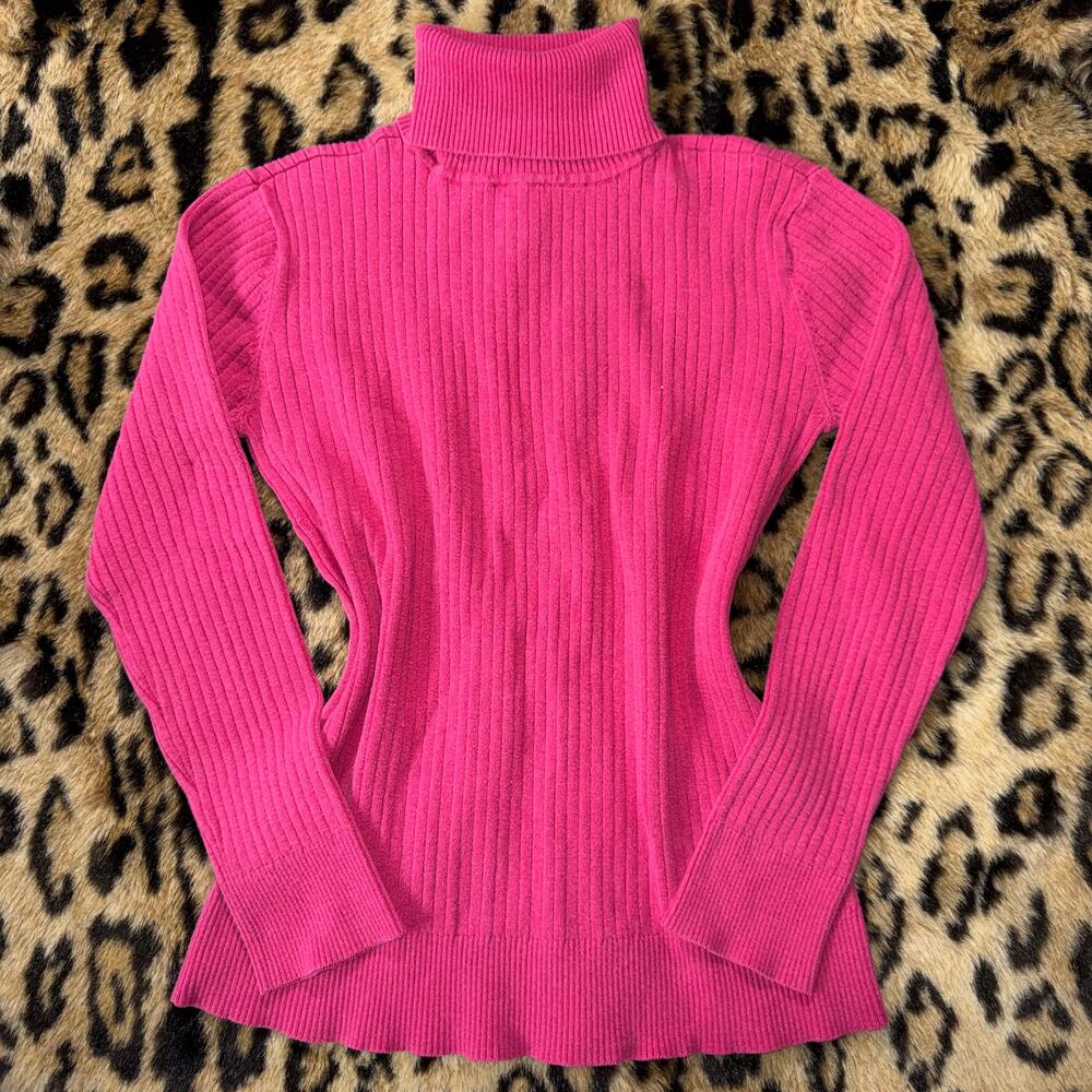 Covington Pink Ribbed Turtleneck Sweater Fitted Knit Top Size M